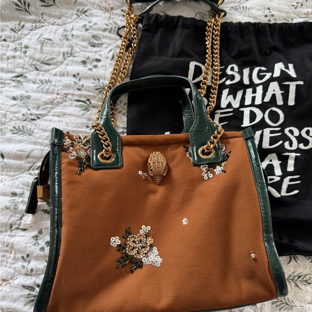Kurt Geiger Embroidered Sequin Green Brown Tote Shoulder Crossbody Bag NWT - Picture 2 of 16
